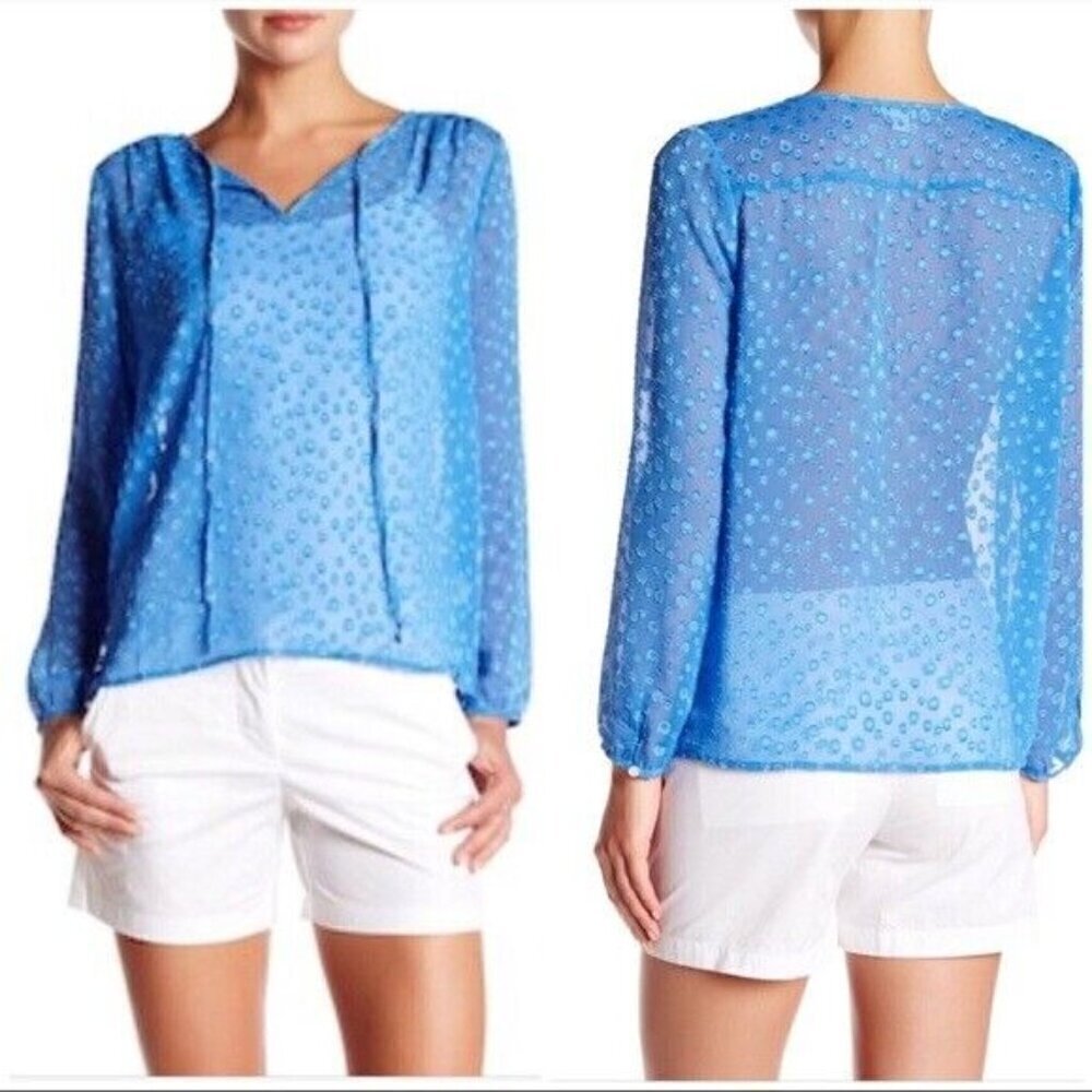 J. CREW Womens SMALL Blue Clip Dot Tie-Neck Sheer Long Sleeve BLOUSE E4291 EUC
